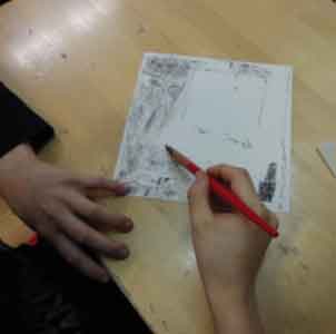 drawing with ink, about the school yard