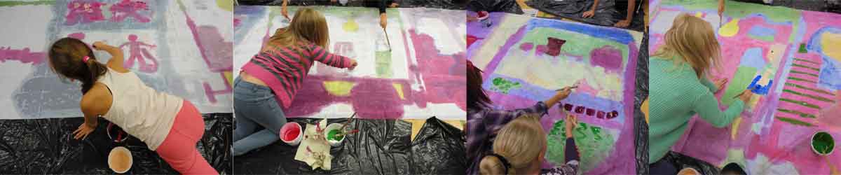 children are painting a long train