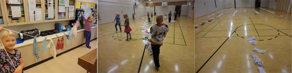 Children of the 1st and 2nd class in Rml are connecting the handkerchiefs to a long line.